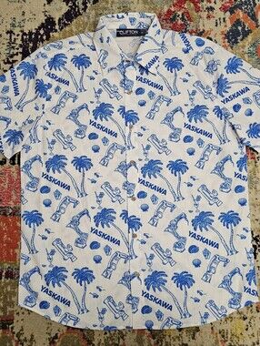 Clifton Custom Clothing Yaskawa Hawaiian Button Up Shirt Mens Large Blue White